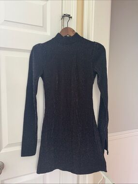 Black Metallic Ribbed Long-Sleeve Mini Dress